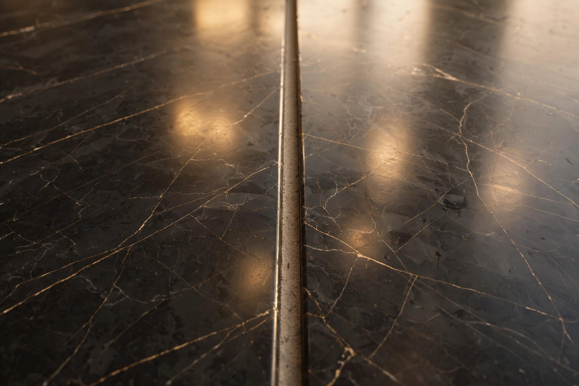 Polished dark stone slabs with gold veining and a grout line between them